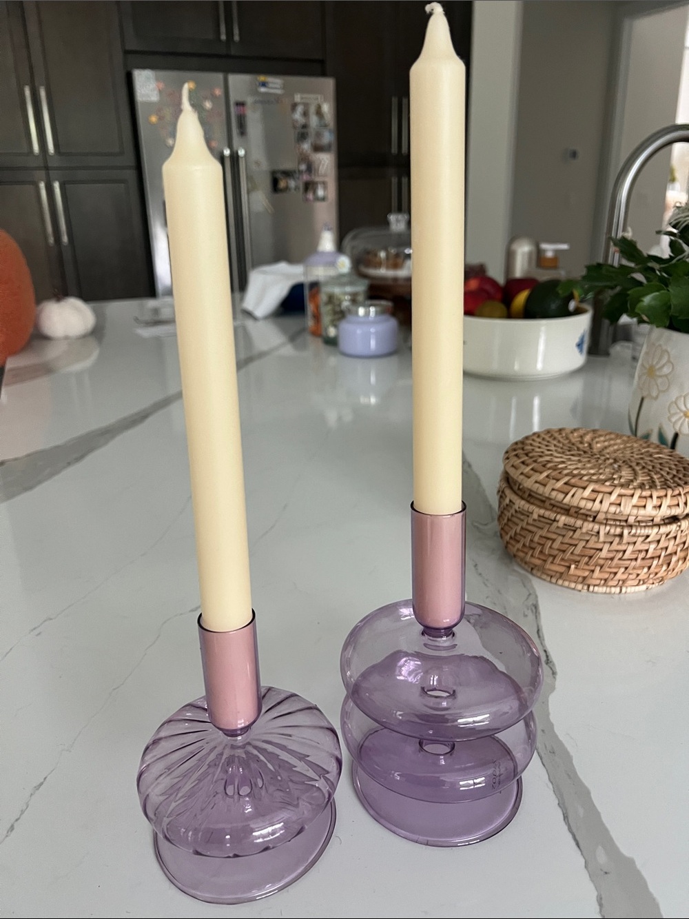 Purple Glass Taper Candle Holders - Set of 2